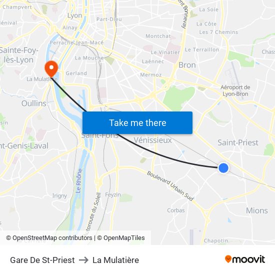 Gare De St-Priest to La Mulatière map