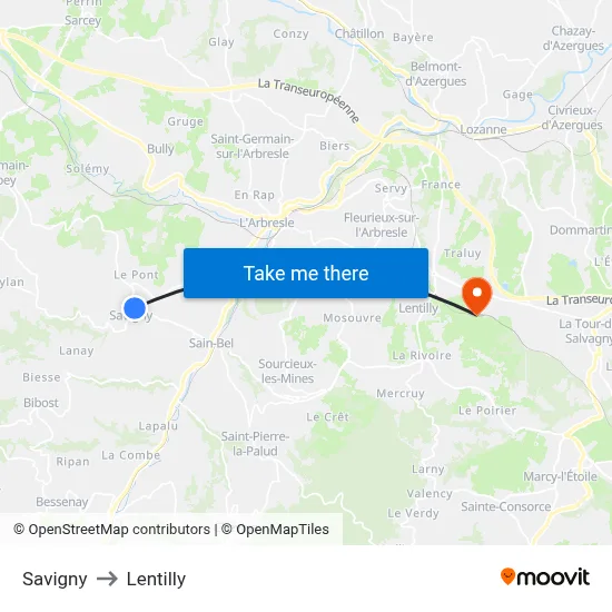 Savigny to Lentilly map