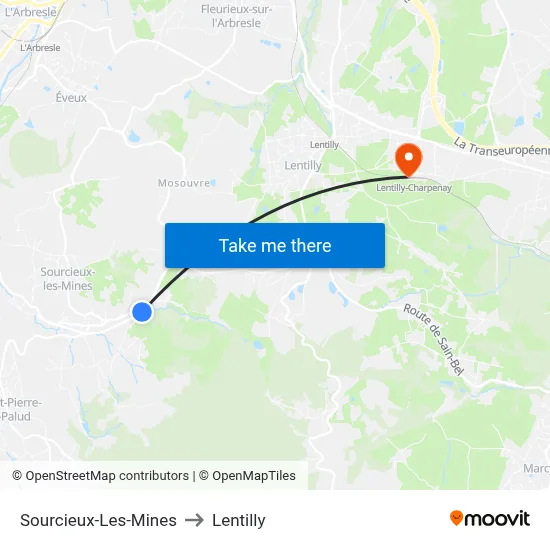Sourcieux-Les-Mines to Lentilly map