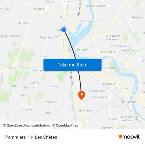 Pommiers to Les Chères map