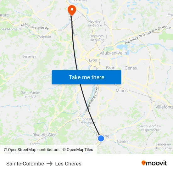 Sainte-Colombe to Les Chères map