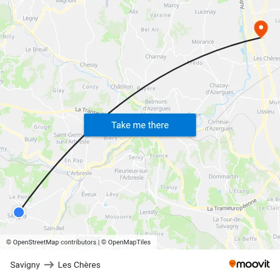 Savigny to Les Chères map