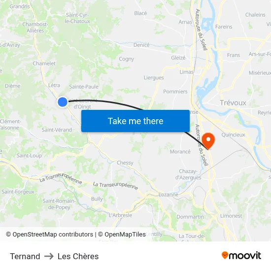 Ternand to Les Chères map
