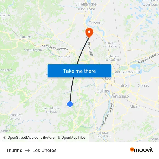 Thurins to Les Chères map