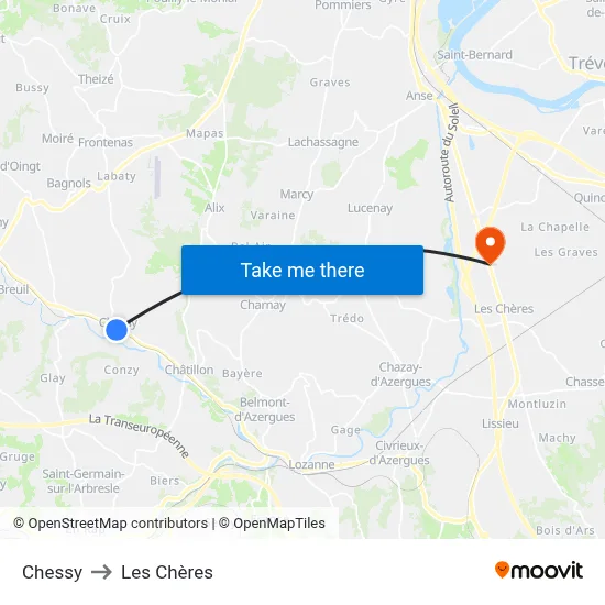 Chessy to Les Chères map