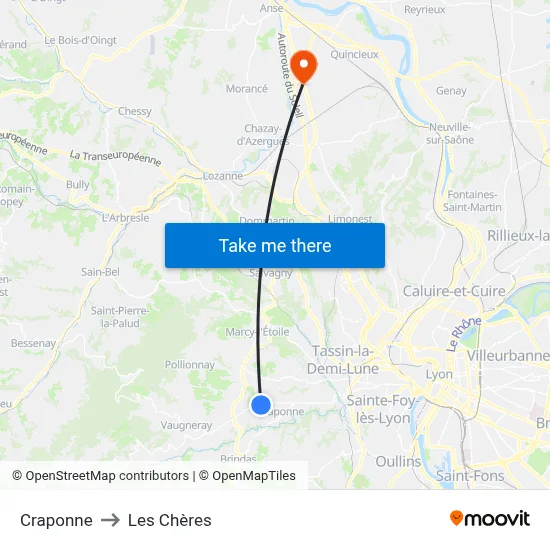 Craponne to Les Chères map