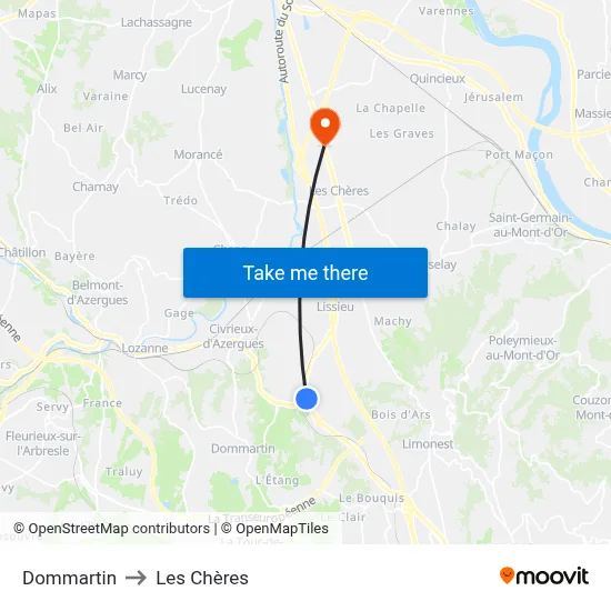 Dommartin to Les Chères map