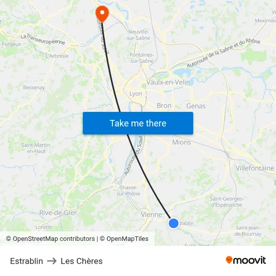 Estrablin to Les Chères map
