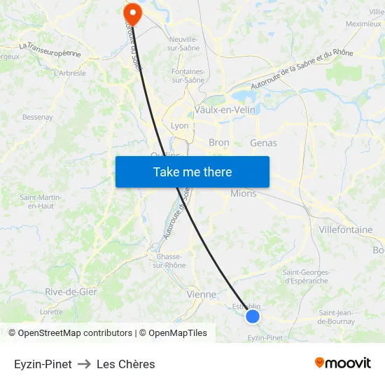 Eyzin-Pinet to Les Chères map