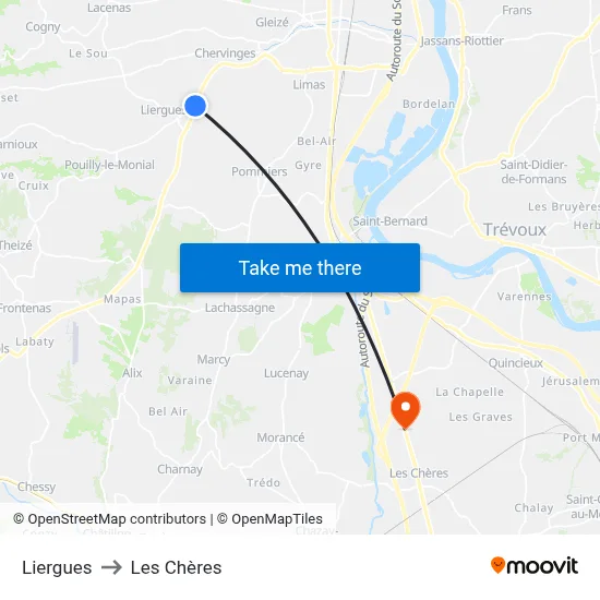 Liergues to Les Chères map