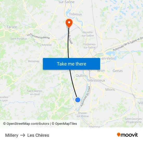 Millery to Les Chères map