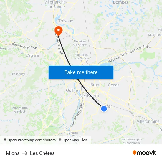 Mions to Les Chères map