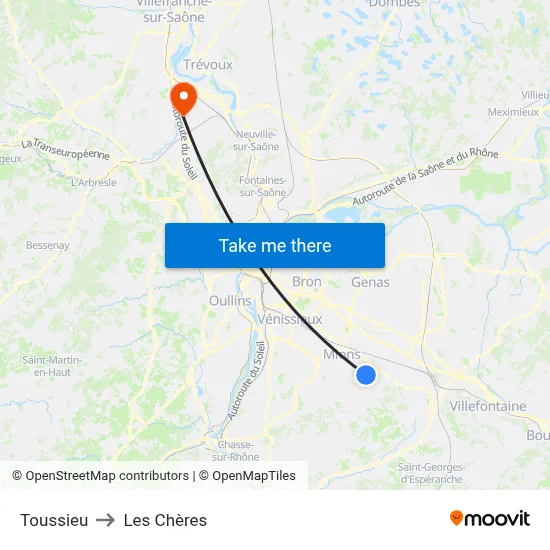 Toussieu to Les Chères map