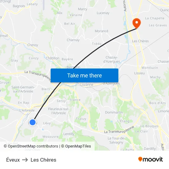 Éveux to Les Chères map