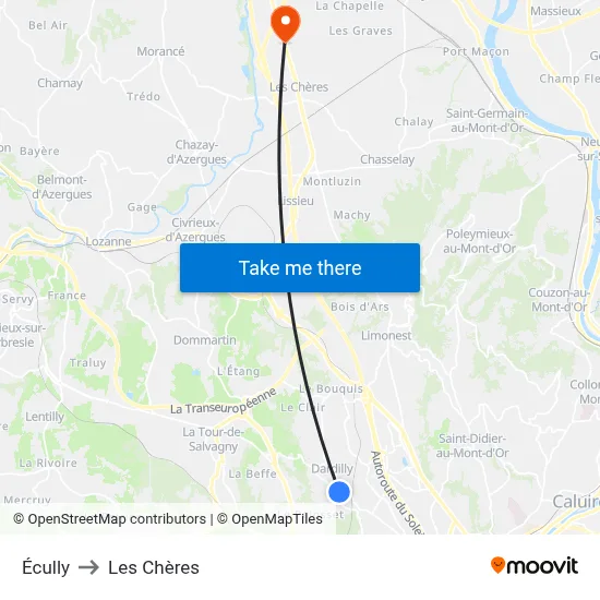 Écully to Les Chères map