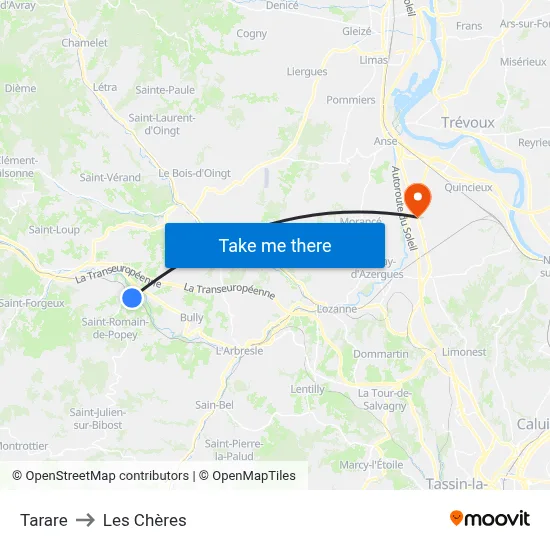 Tarare to Les Chères map