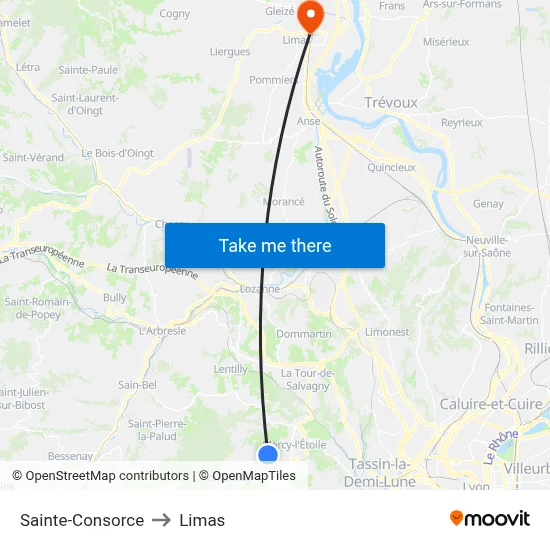 Sainte-Consorce to Limas map