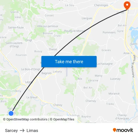 Sarcey to Limas map
