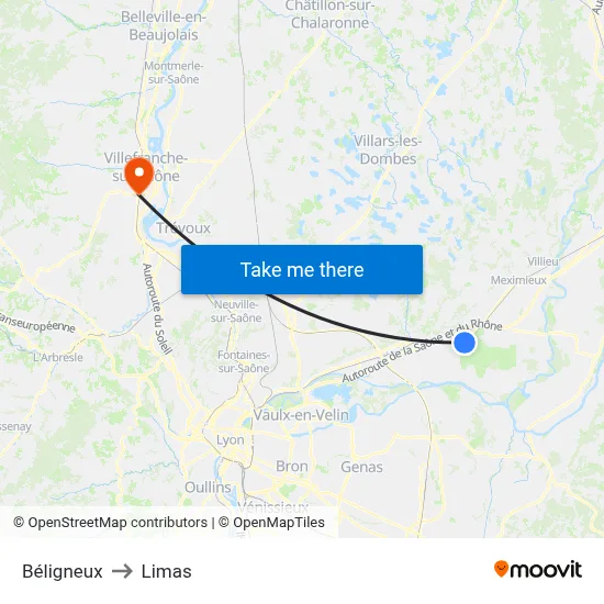 Béligneux to Limas map
