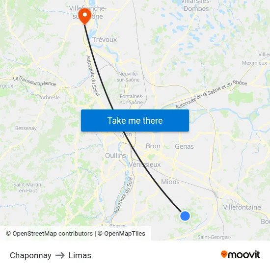 Chaponnay to Limas map