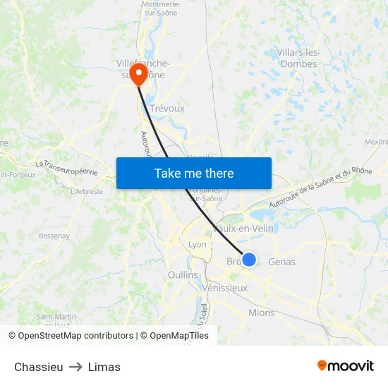 Chassieu to Limas map