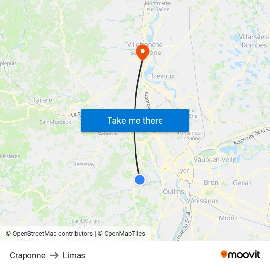 Craponne to Limas map