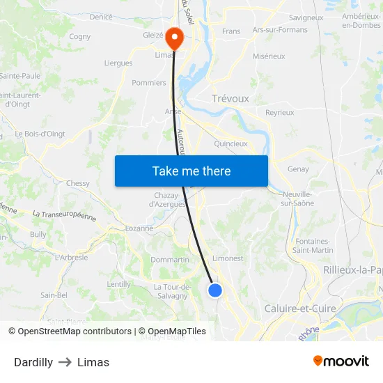 Dardilly to Limas map