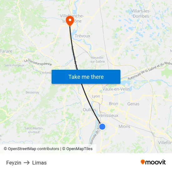 Feyzin to Limas map
