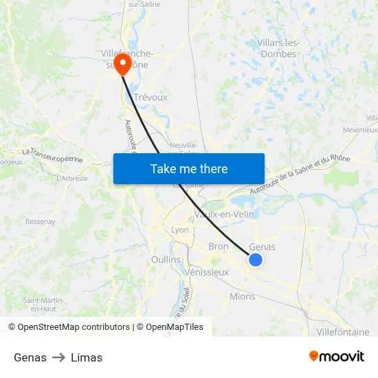 Genas to Limas map