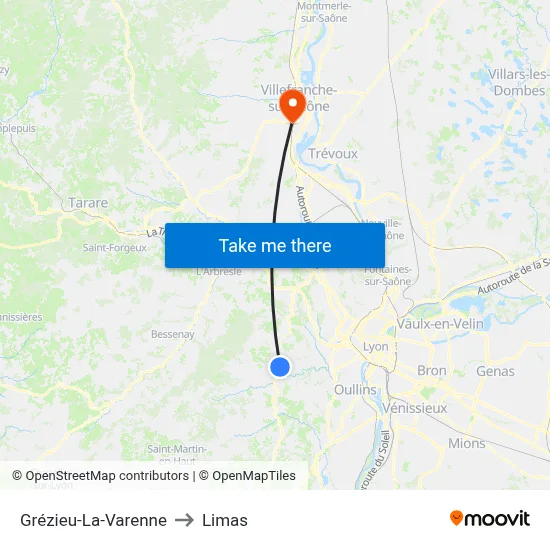 Grézieu-La-Varenne to Limas map