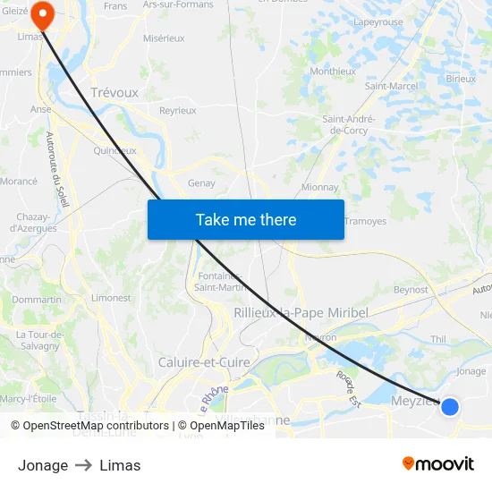 Jonage to Limas map