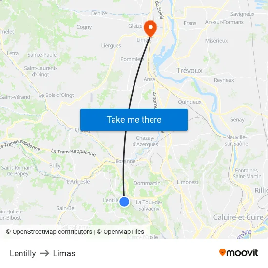 Lentilly to Limas map