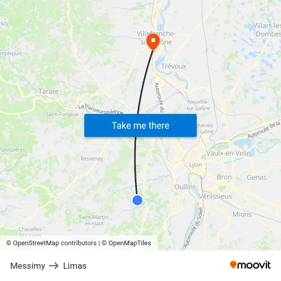 Messimy to Limas map