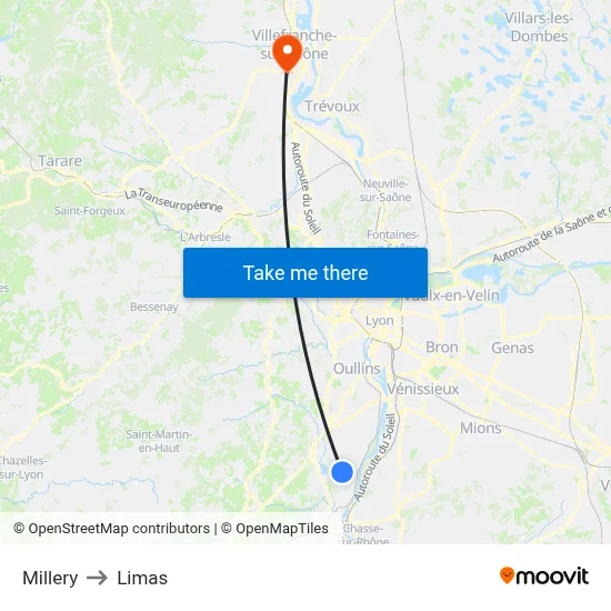 Millery to Limas map