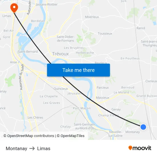 Montanay to Limas map