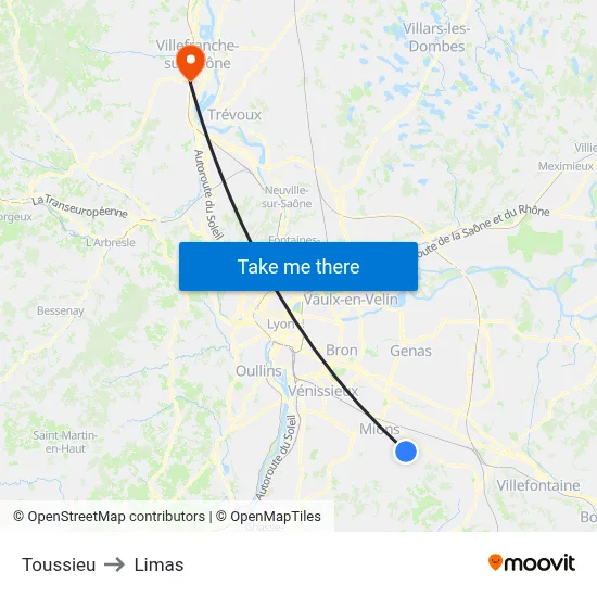 Toussieu to Limas map