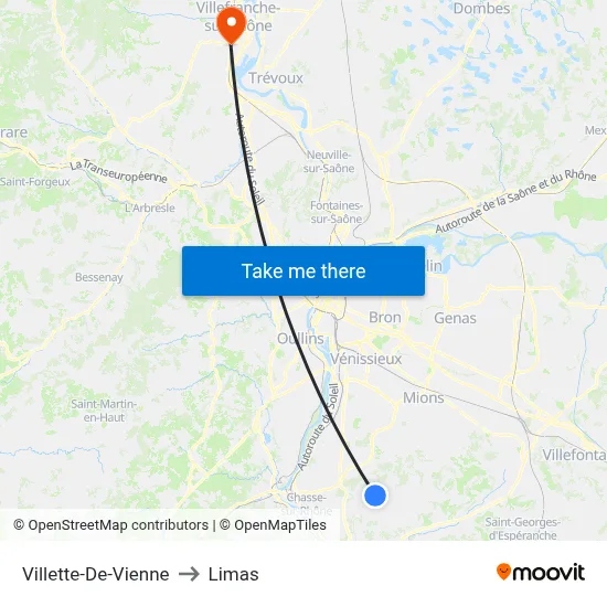 Villette-De-Vienne to Limas map