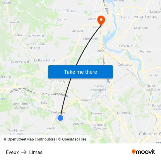 Éveux to Limas map