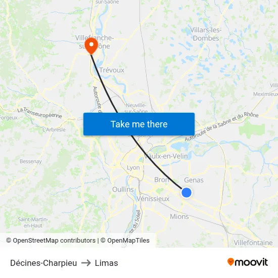 Décines-Charpieu to Limas map