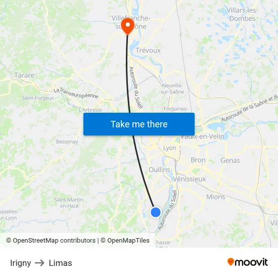 Irigny to Limas map