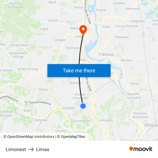 Limonest to Limas map