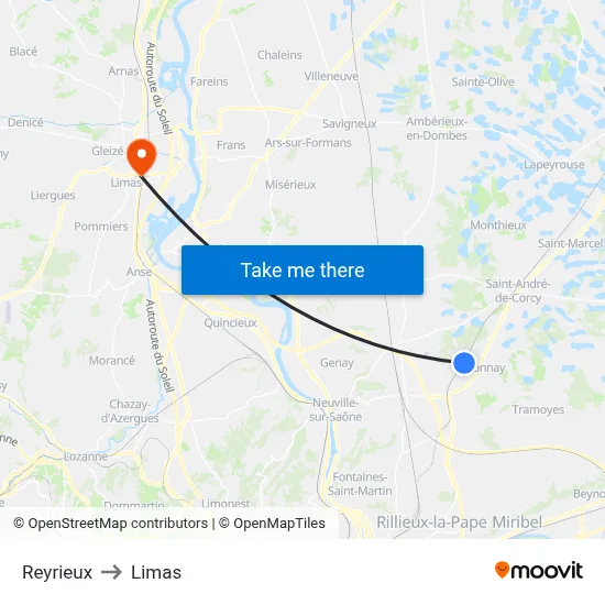 Reyrieux to Limas map