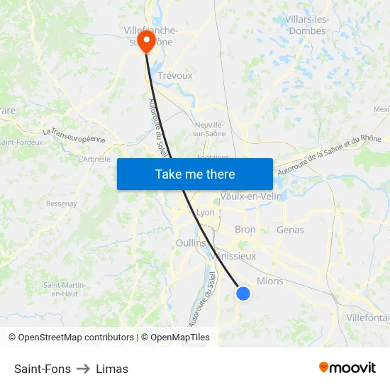 Saint-Fons to Limas map