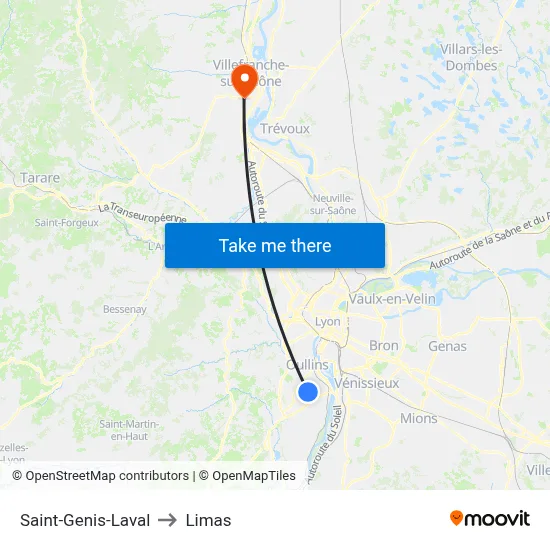 Saint-Genis-Laval to Limas map