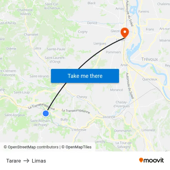 Tarare to Limas map