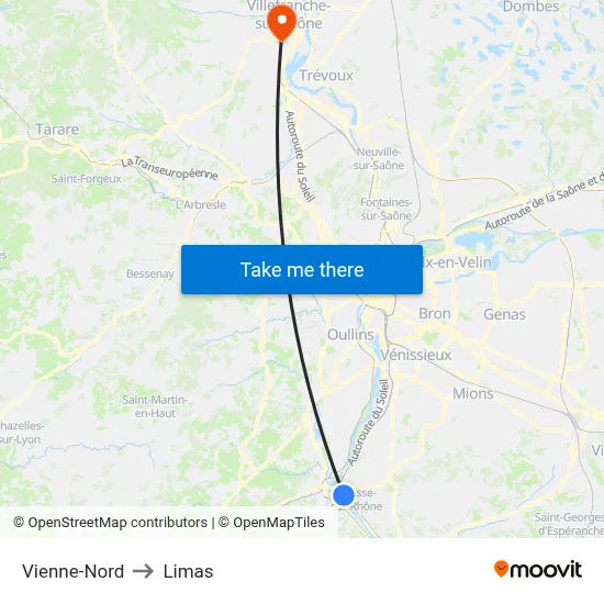 Vienne-Nord to Limas map