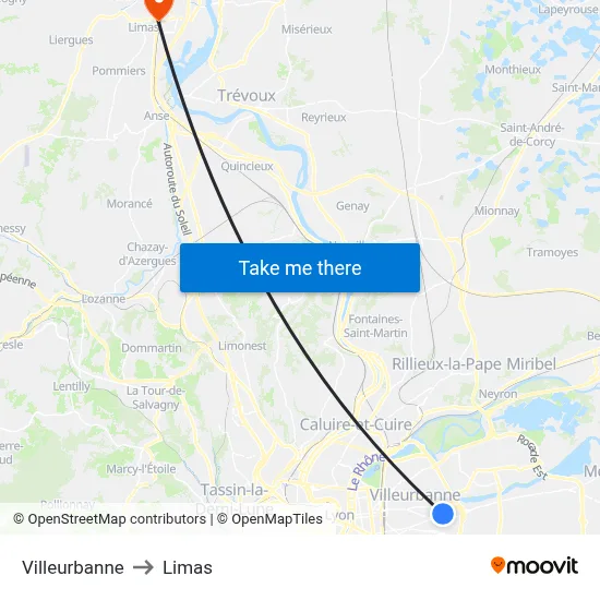 Villeurbanne to Limas map