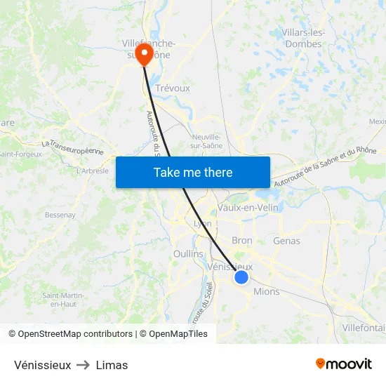 Vénissieux to Limas map