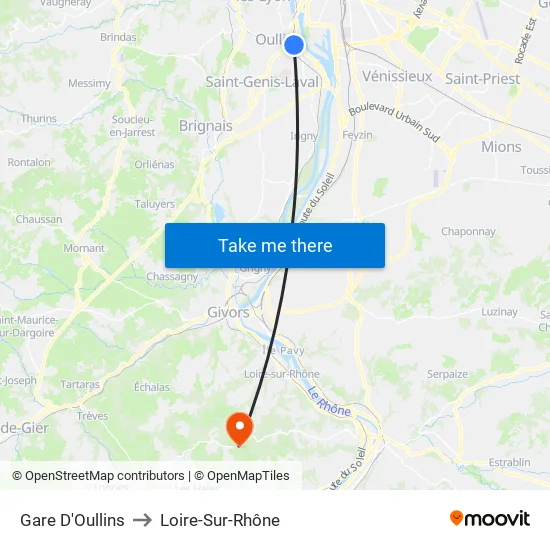 Gare D'Oullins to Loire-Sur-Rhône map
