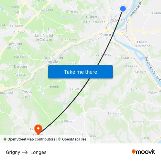 Grigny to Longes map